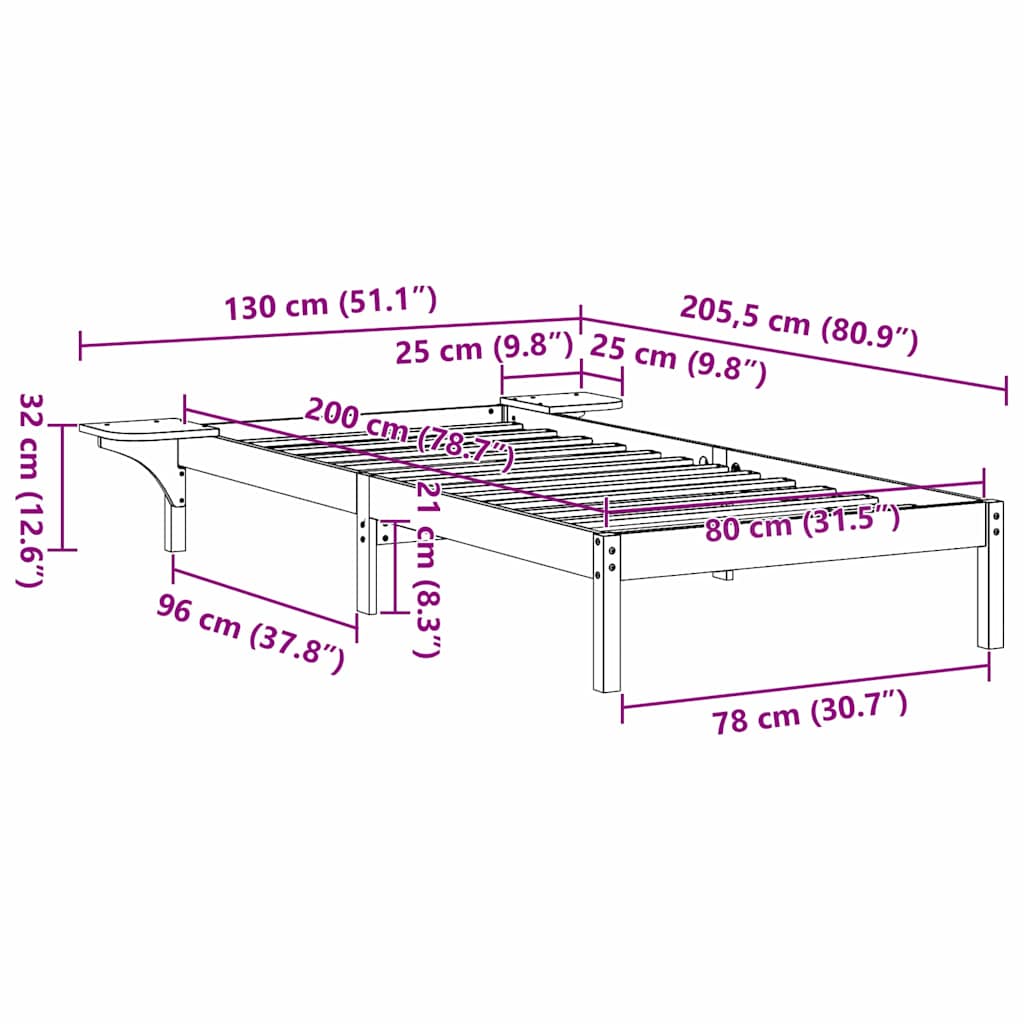 Bettrahmen Natur 80 x 200 cm Massives Kiefernholz