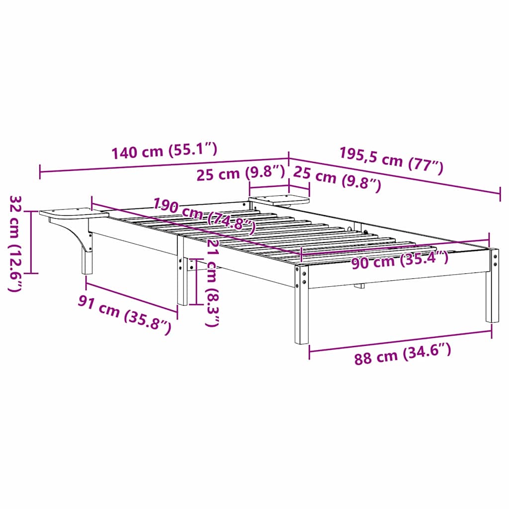 Bettrahmen Natur 90 x 190 cm Massives Kiefernholz