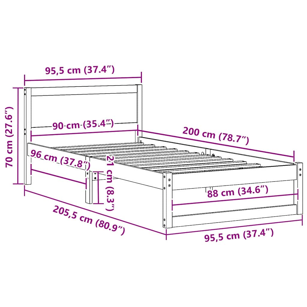 Bettrahmen mit Kopfteil Weiß 90 x 200 cm Massives Kiefernholz