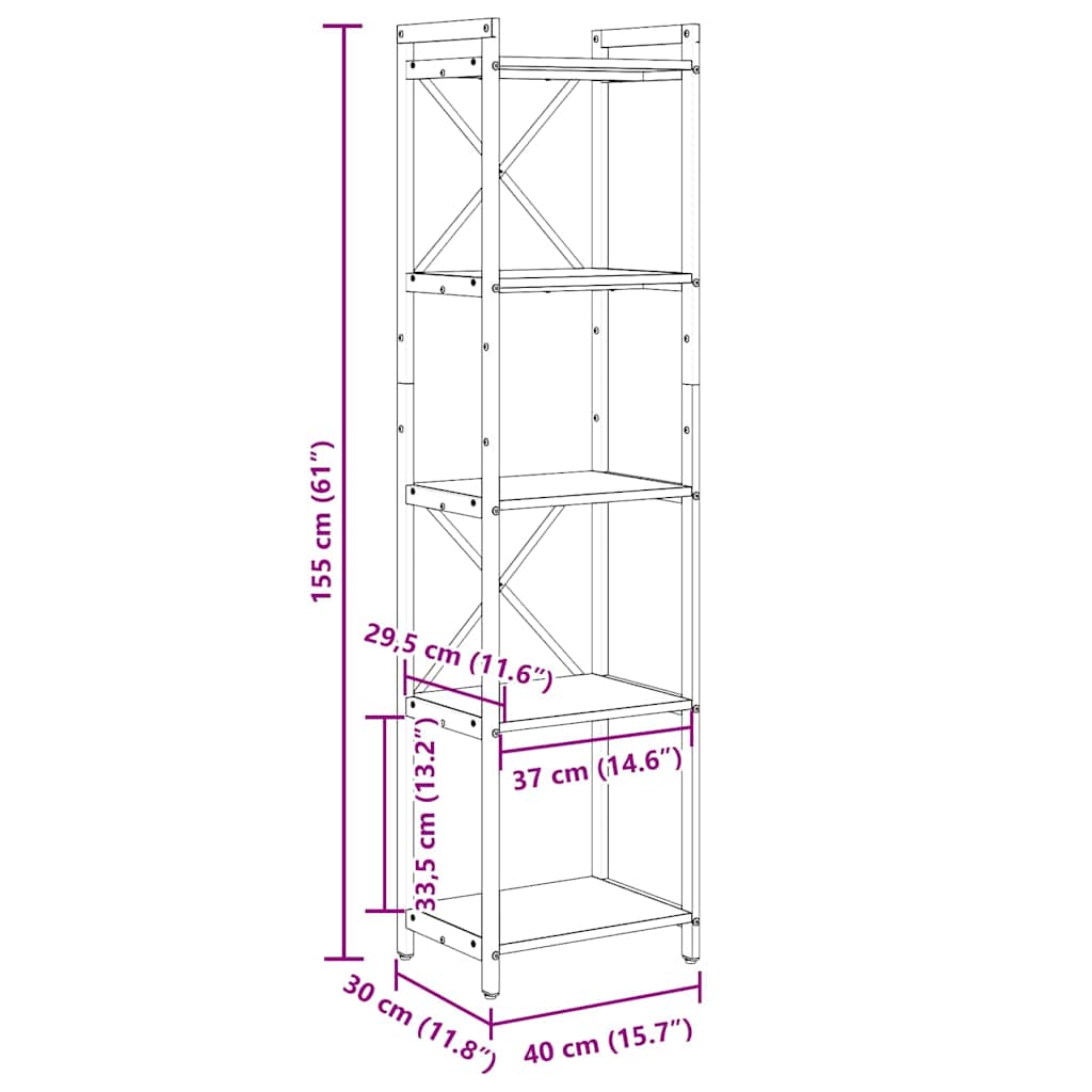 Bücherregal Schwarz Eichen-Optik 40 x 30 x 155 cm Holzwerkstoff