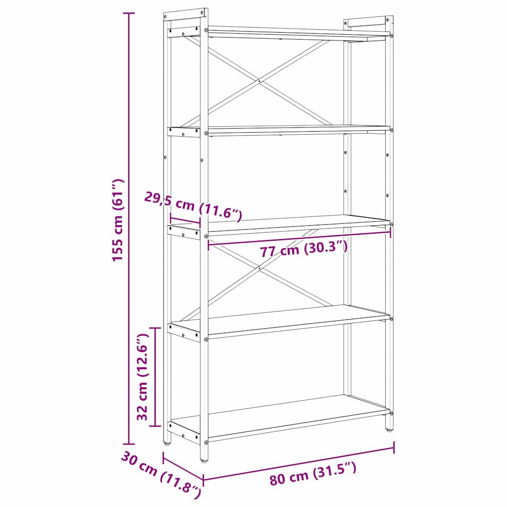 Bücherregal Schwarz Eichen-Optik 80 x 30 x 155 cm Holzwerkstoff