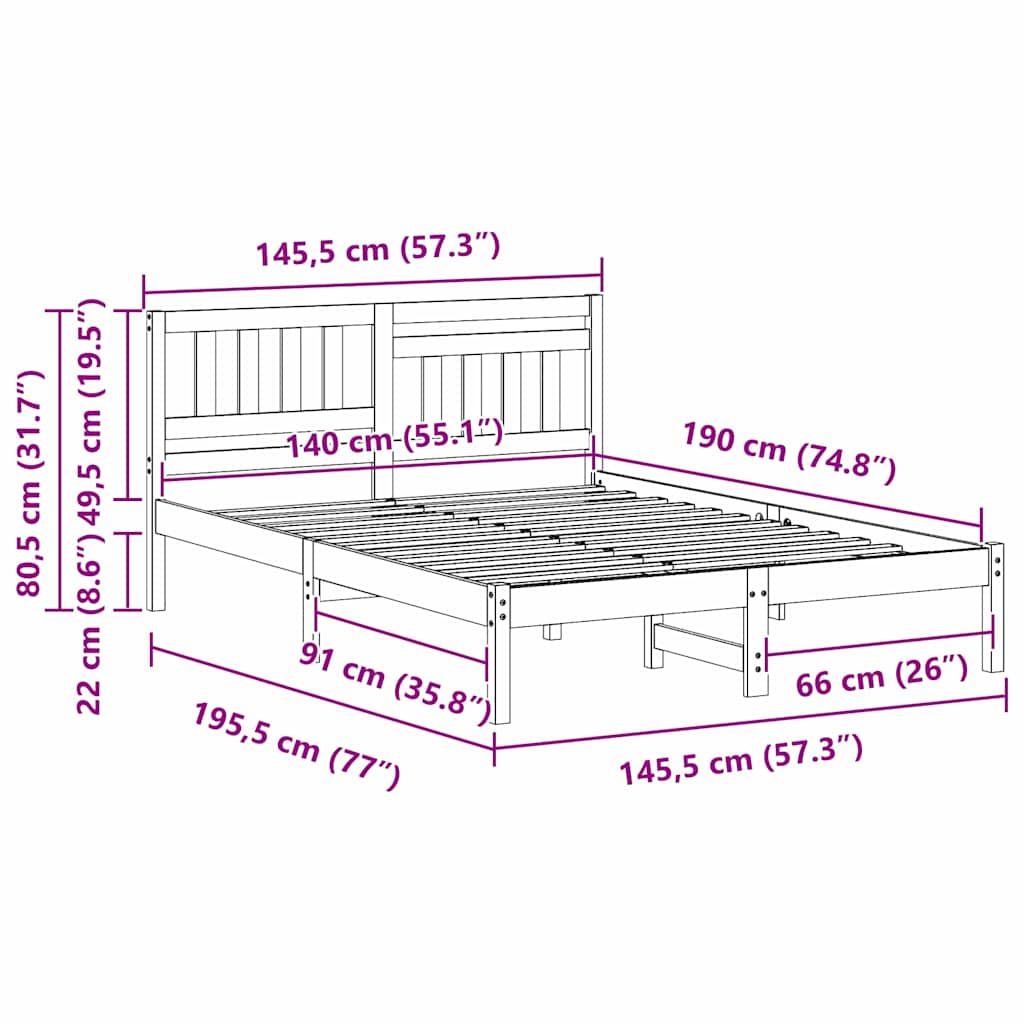 Bettrahmen Wachsbraun 140 x 190 cm Massives Kiefernholz