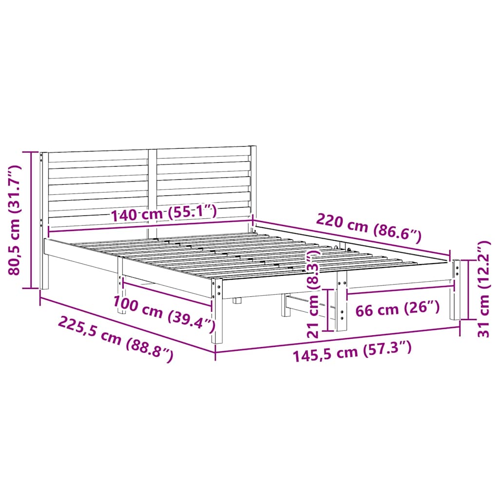 Bettrahmen mit Kopfteil Weiß 140 x 220 cm Massives Kiefernholz