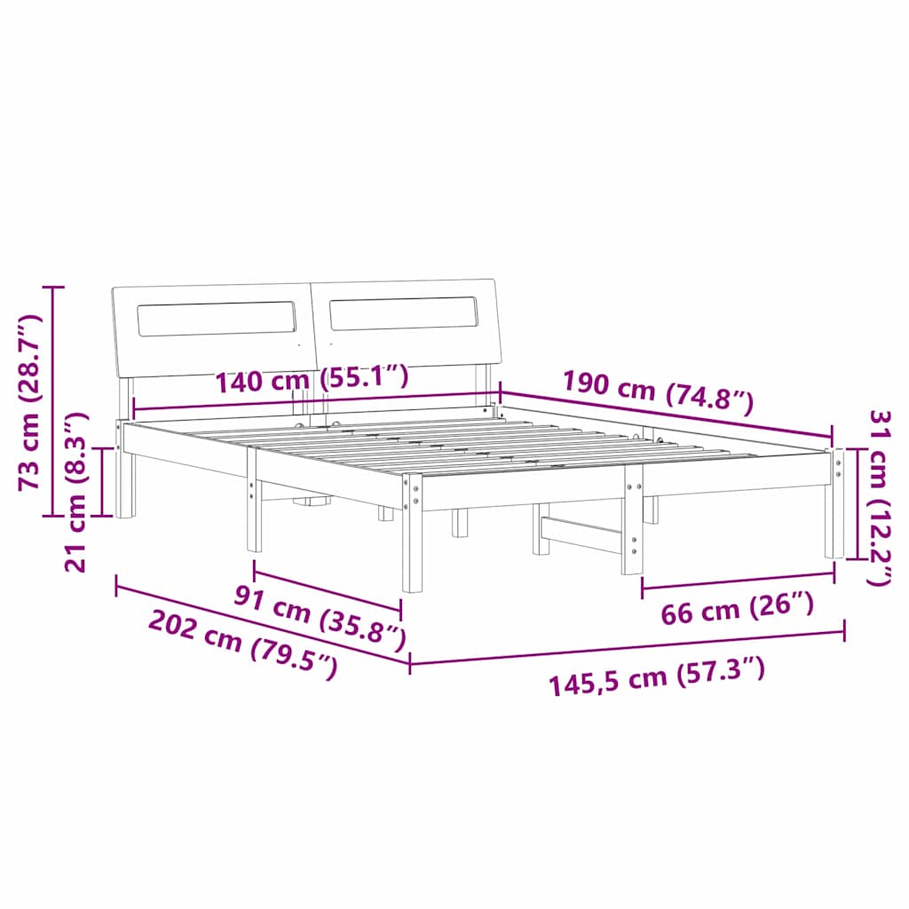 Bettrahmen Wachsbraun 140 x 190 cm Massives Kiefernholz