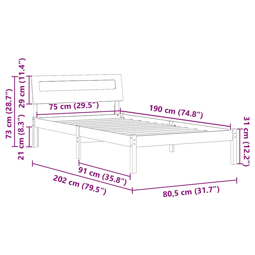 Bettrahmen mit Kopfteil Weiß 75 x 190 cm Massives Kiefernholz