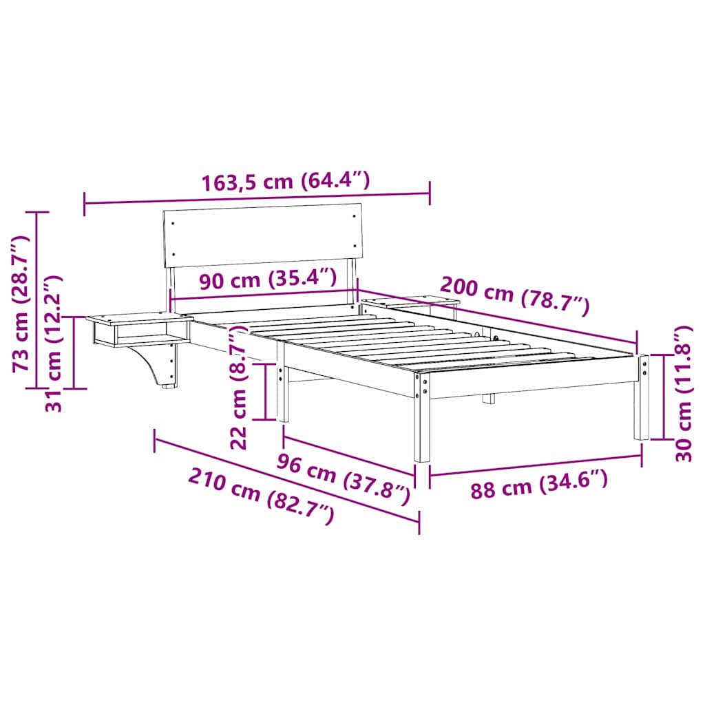 Bettrahmen mit Kopfteil Weiß 90 x 200 cm Massives Kiefernholz