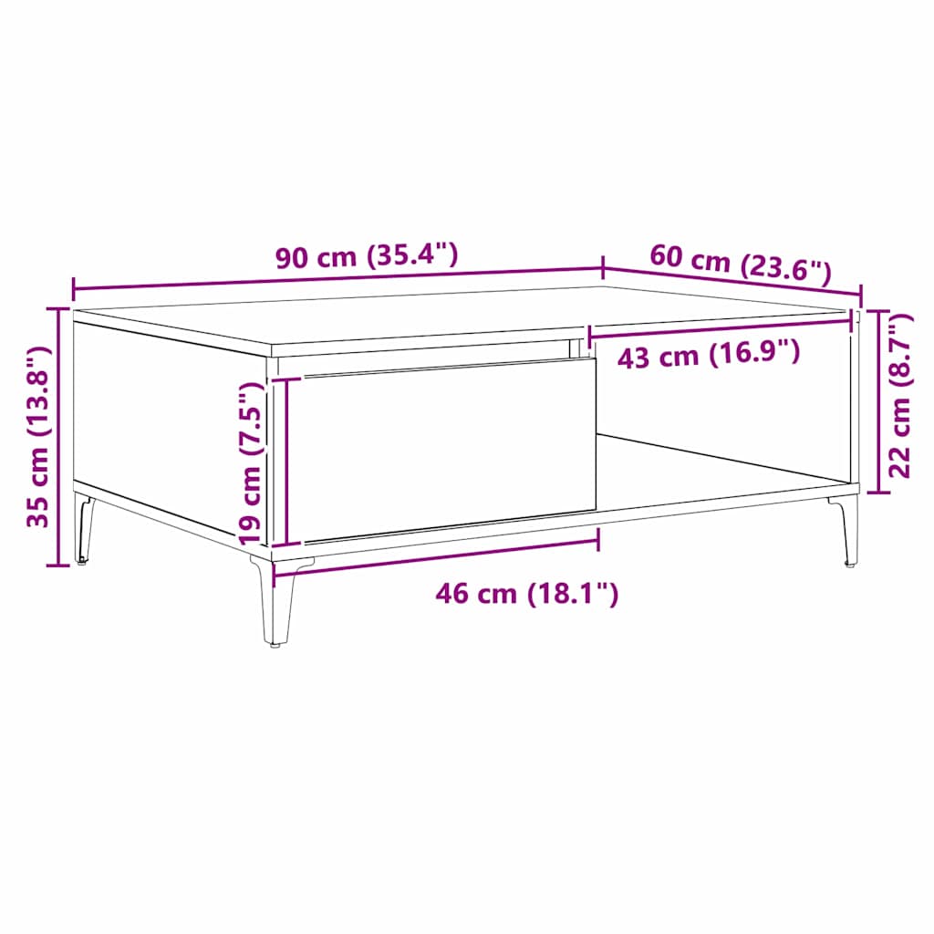 vidaXL Table basse chêne artisanal 90 x 60 x 35 cm bois d'ingénierie