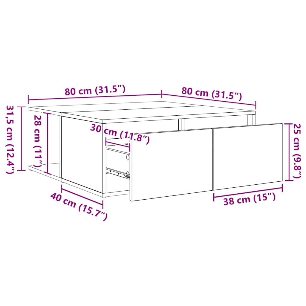 vidaXL Couchtisch Schwarz Eichen-Optik 80 x 80 x 31 cm Holzwerkstoff