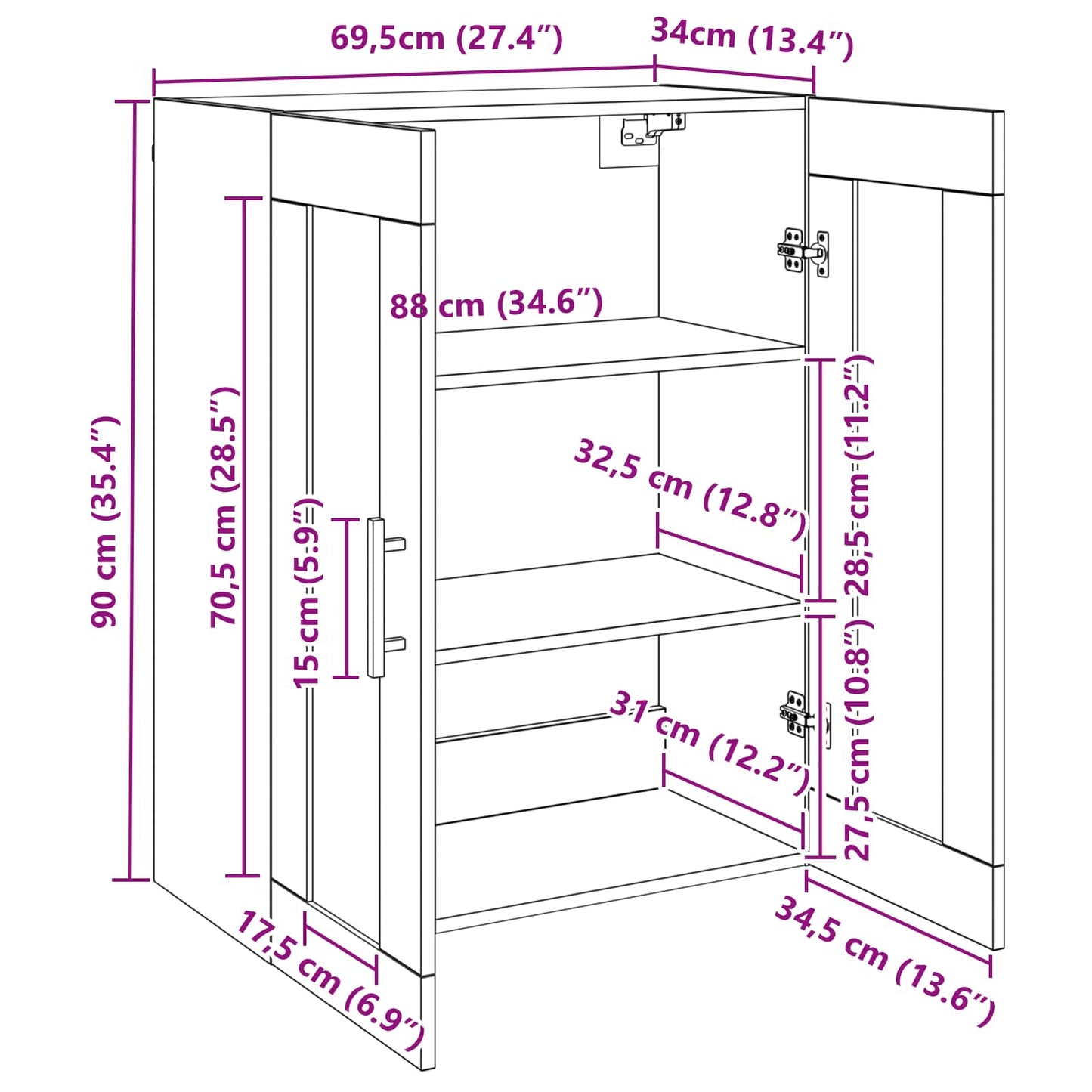 vidaXL Wandschrank Wandmontiert Schwarz Eichen-Optik 69.5 x 34 x 90 cm