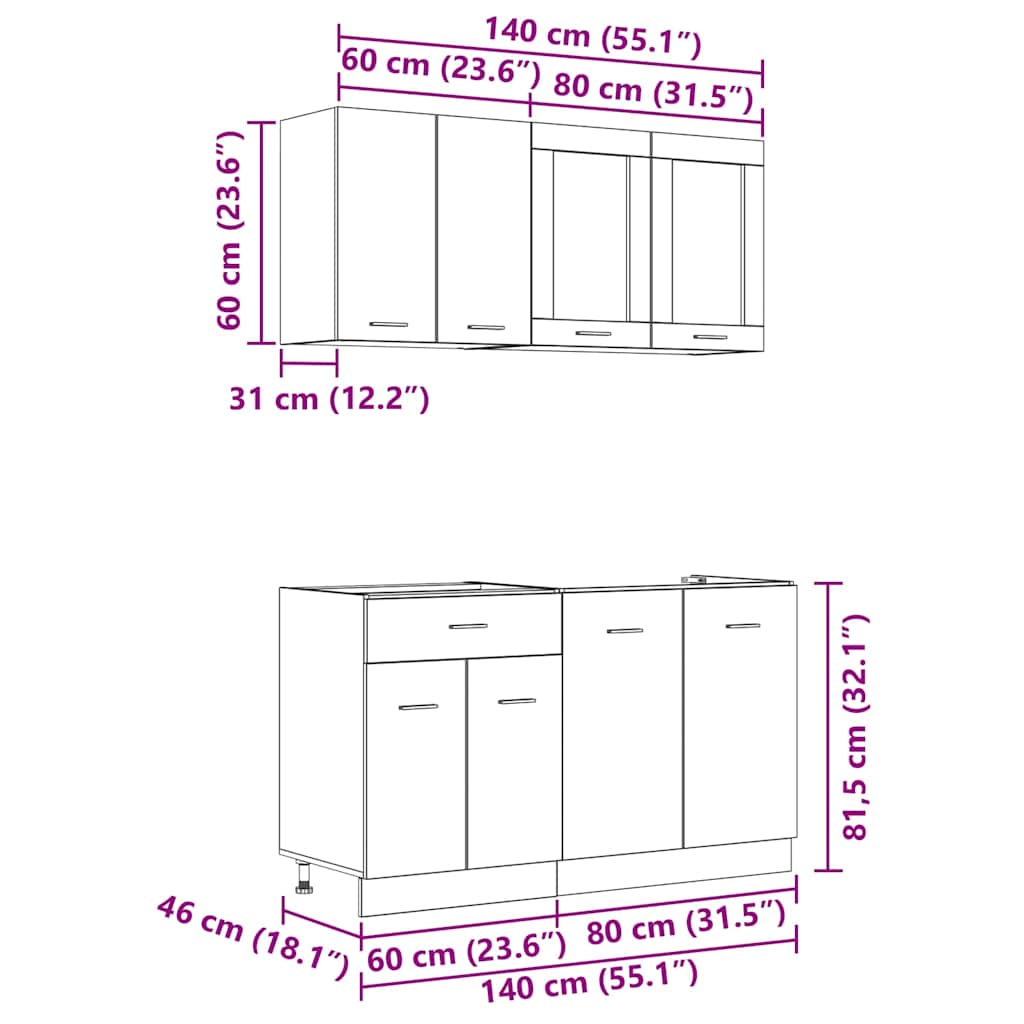 vidaXL Küchenschrank-Set Lyon 4 pcs Grau Sonoma 140 x 46 x 81.5 cm