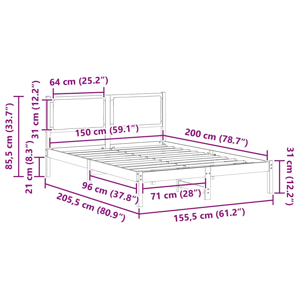 Bettrahmen Hellgrau 150 x 200 cm Massives Kiefernholz