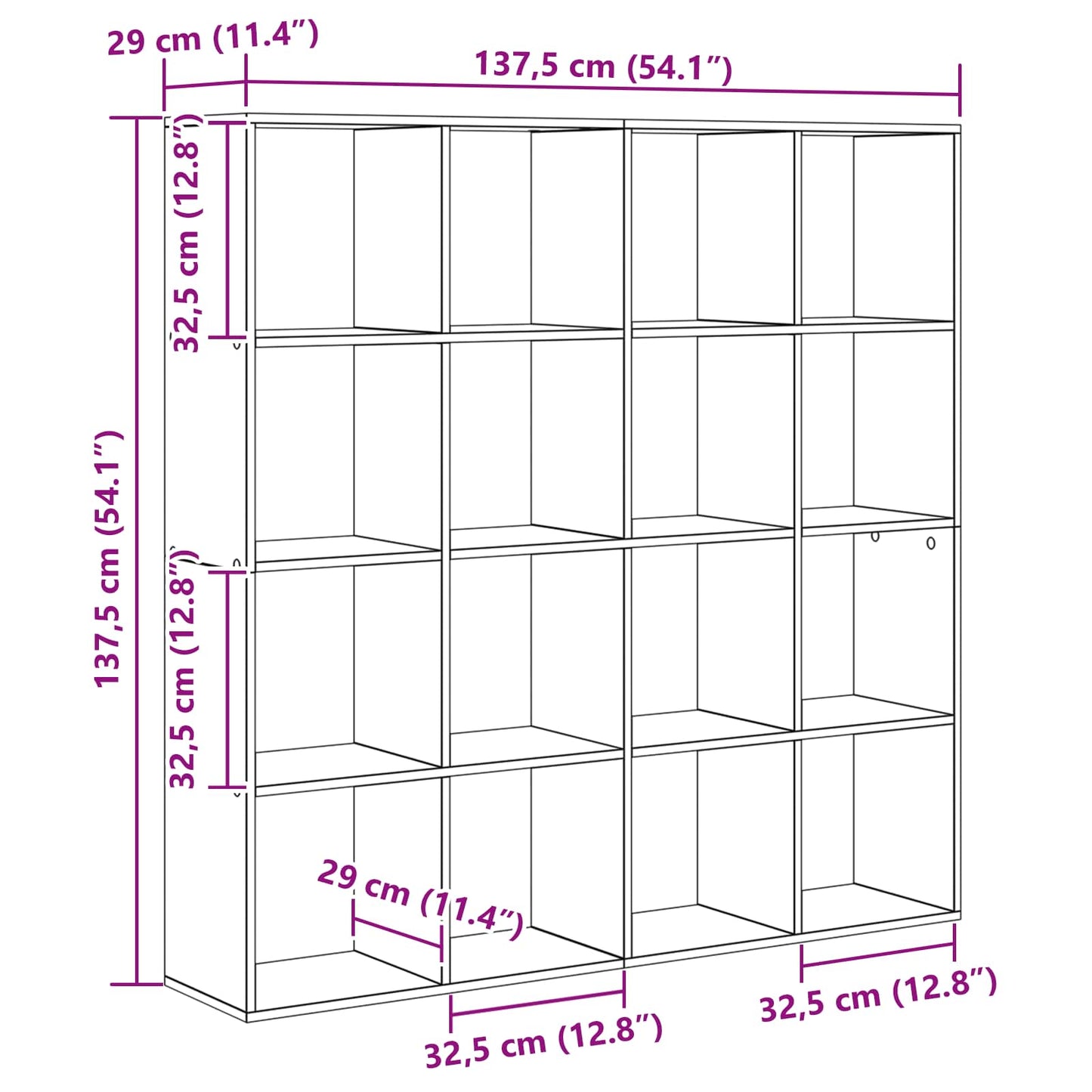 vidaXL Bücherregal Schwarz Eichen-Optik 137,5 x 29 x 137,5 cm