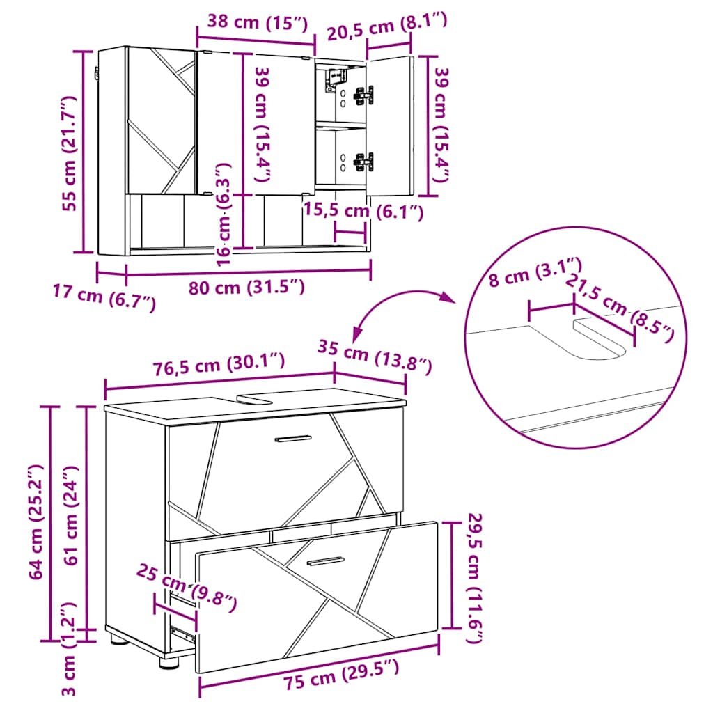 vidaXL Badezimmermöbel-Set 2 pcs Graues Sonoma Sperrholz und Metall