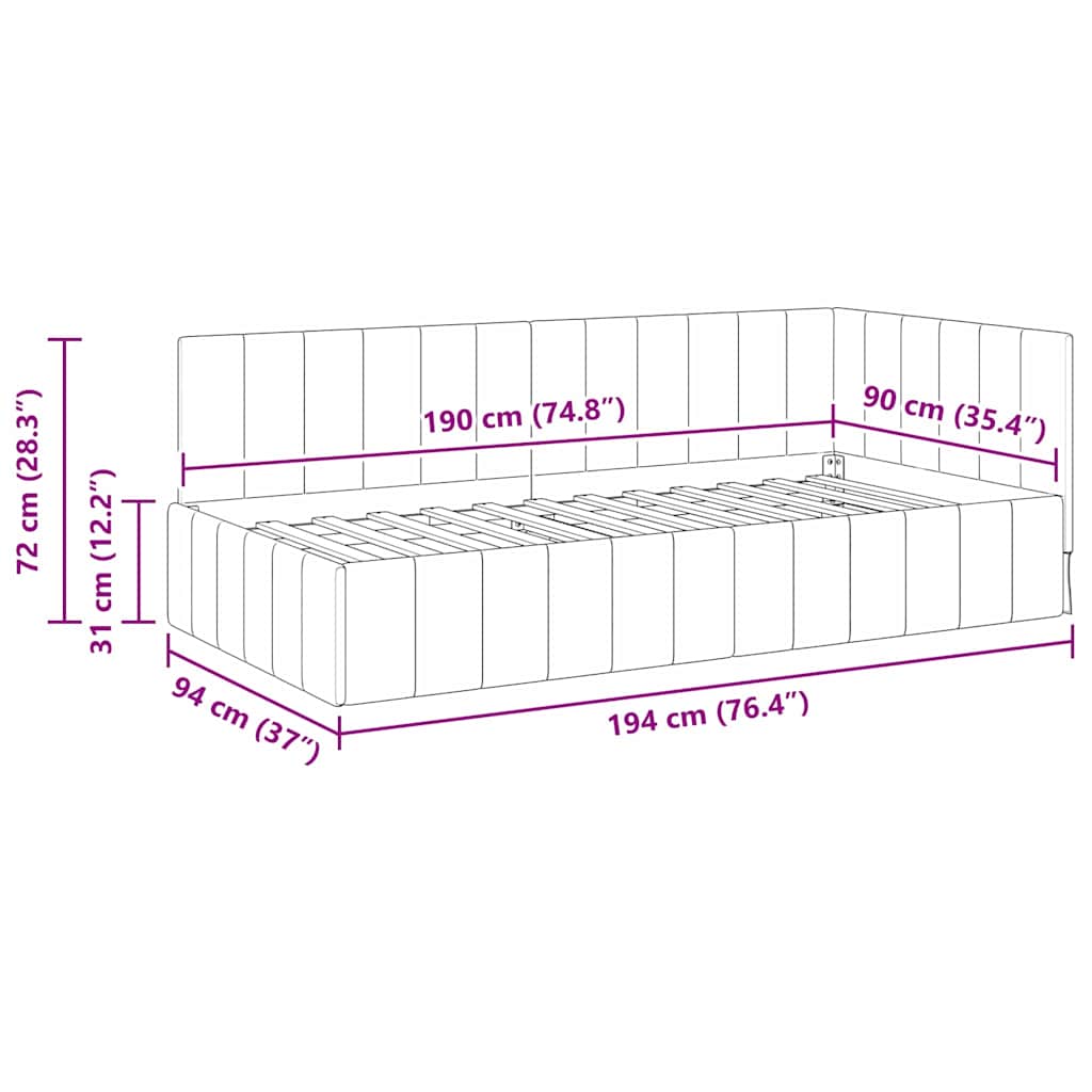 vidaXL Eckbettgestell mit Kopfteil Dunkelgrau 90 cm x 190 cm Samt