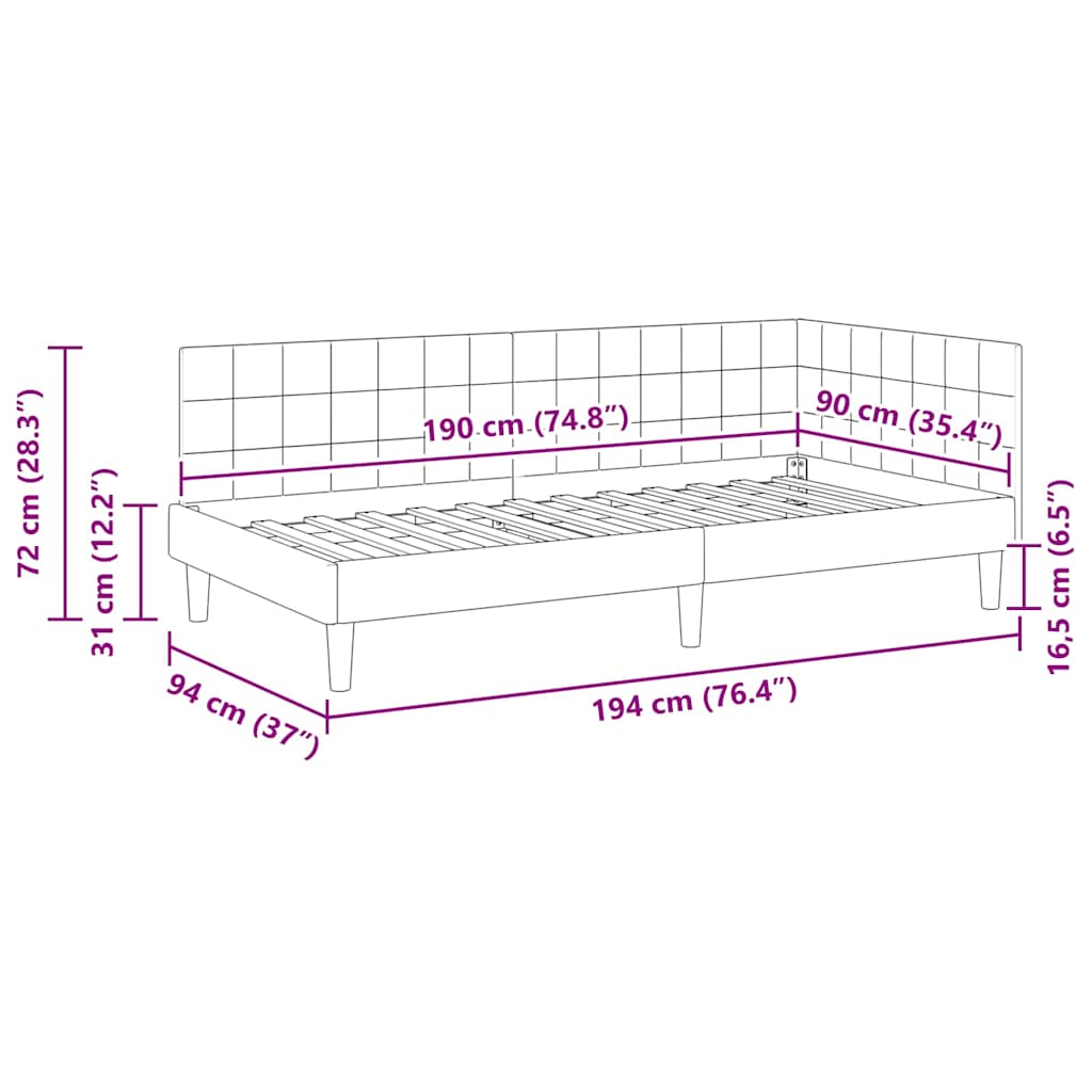 Eckbettgestell mit Kopfteil Schwarz 90 cm x 190 cm Samt