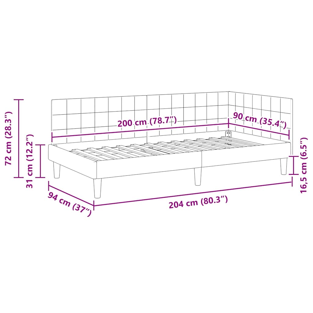 Eckbettgestell mit Kopfteil Schwarz 90 cm x 200 cm Samt
