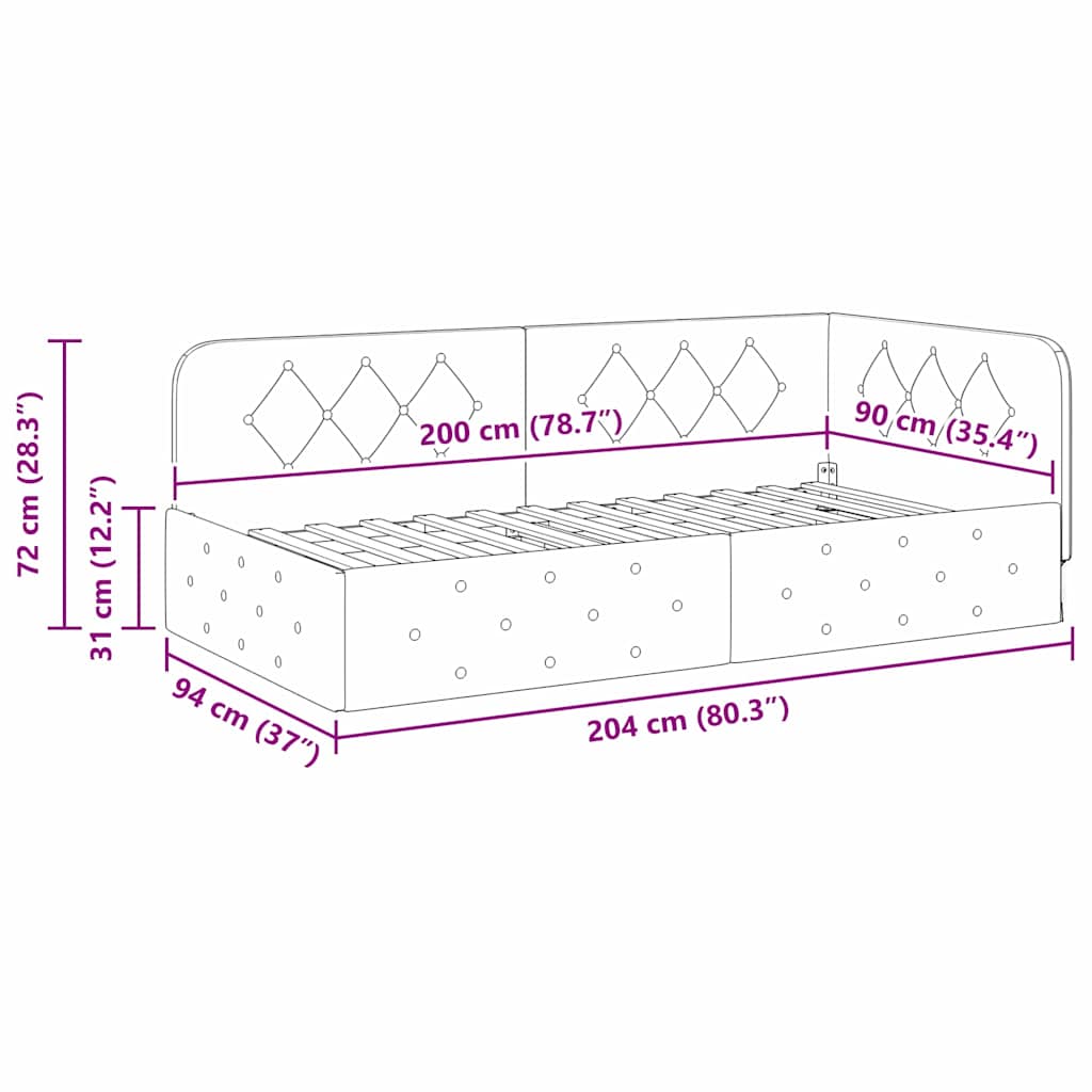 vidaXL Eckbettgestell mit Kopfteil Türkis 90 x 200 cm Samt