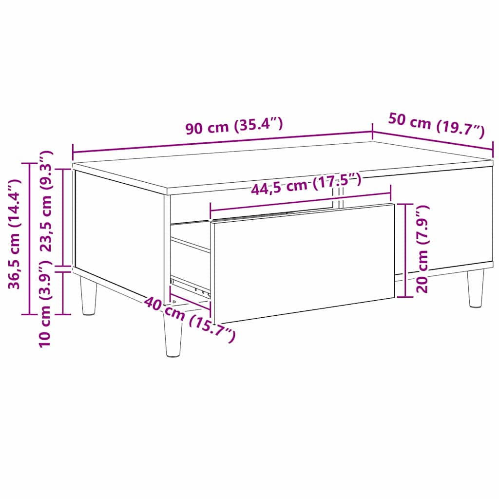 vidaXL Couchtisch Schwarz Eichen-Optik 90 x 50 x 35 cm Holzwerkstoff