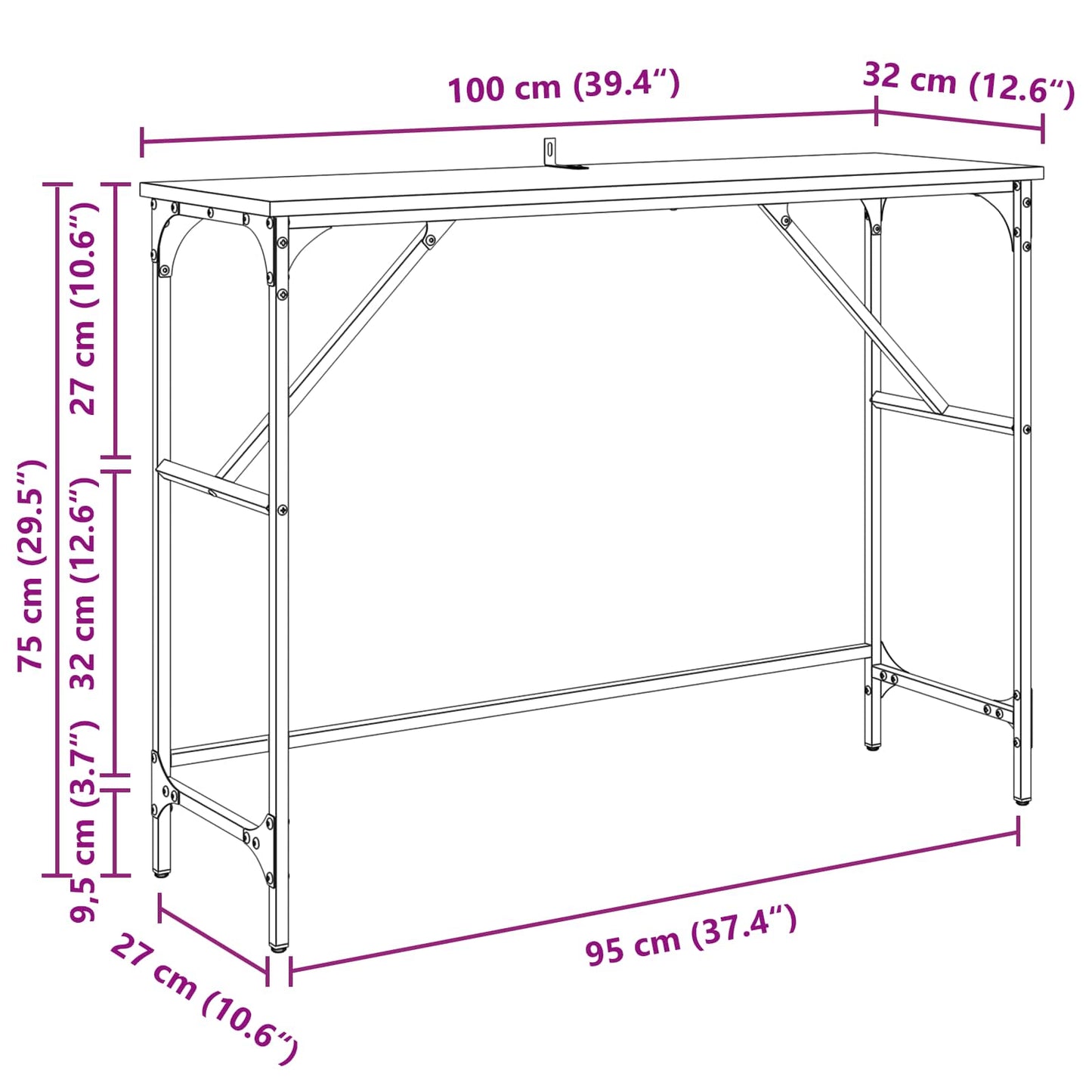 vidaXL Konsolentisch Schwarz Eichen-Optik 100 x 32 x 75 cm