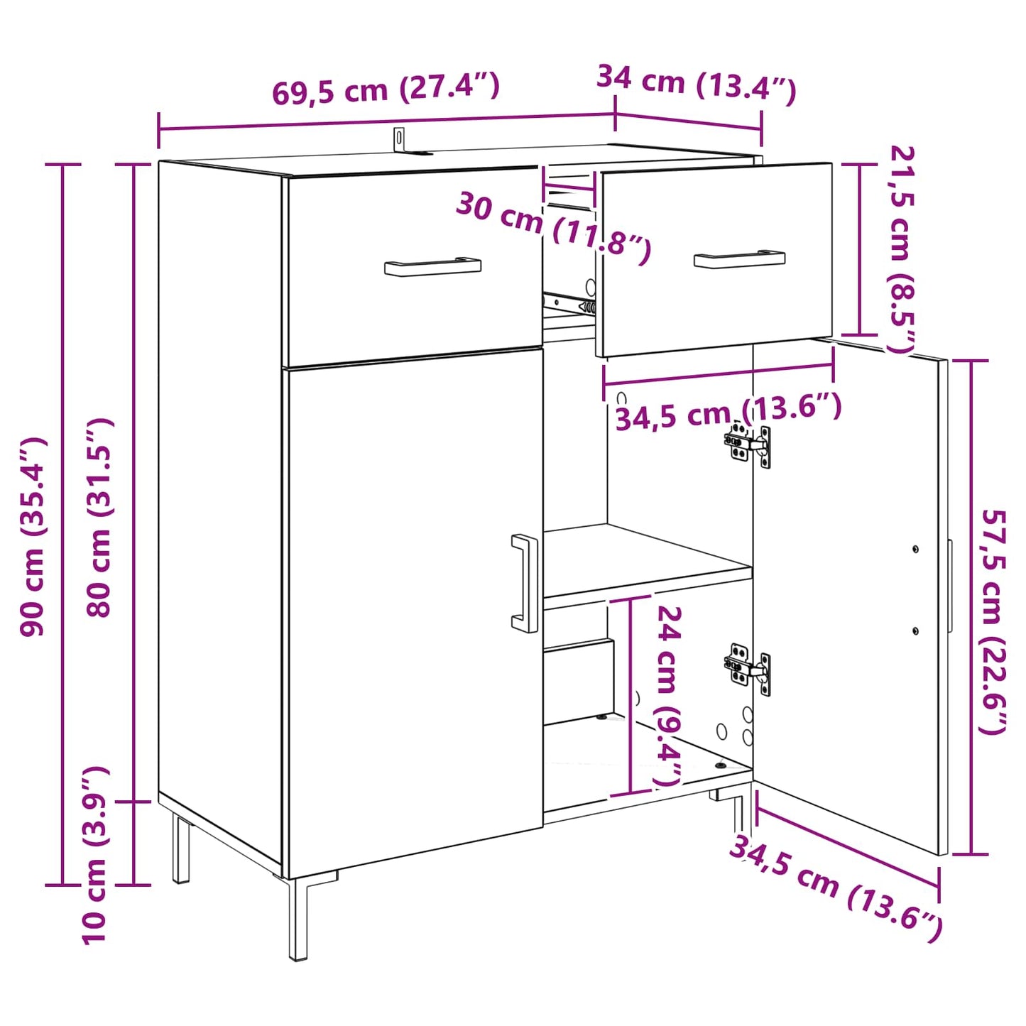 vidaXL Sideboard Schwarz Eichen-Optik 69,5 x 34 x 90 cm Holzwerkstoff