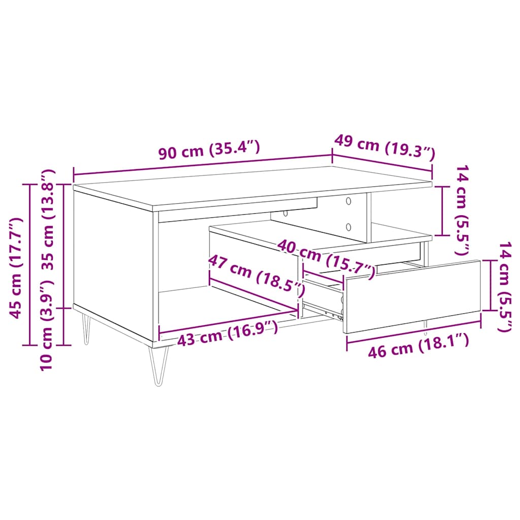 vidaXL Couchtisch Schwarz Eichen-Optik 90 x 49 x 45 cm Holzwerkstoff