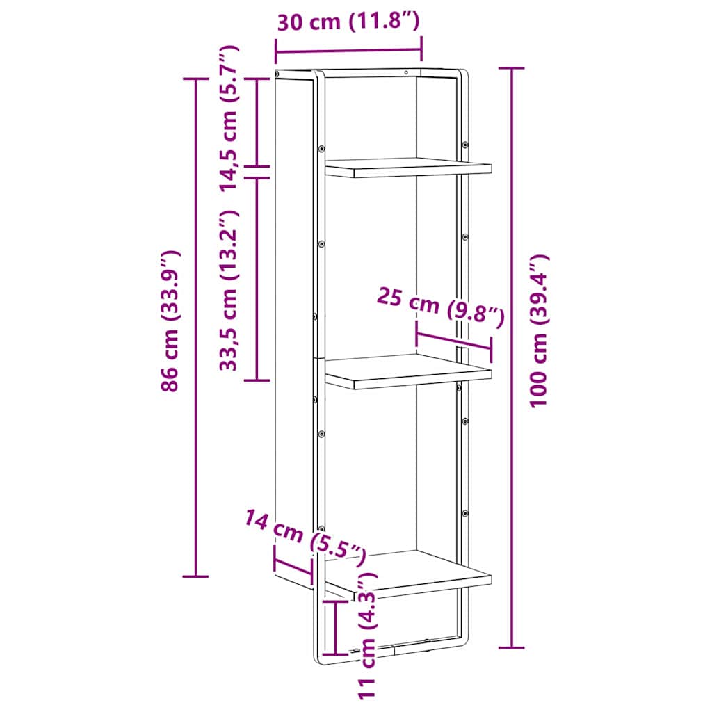 vidaXL Wandregal Schwarz Eichen-Optik 30 x 25 x 100 cm Holzwerkstoff