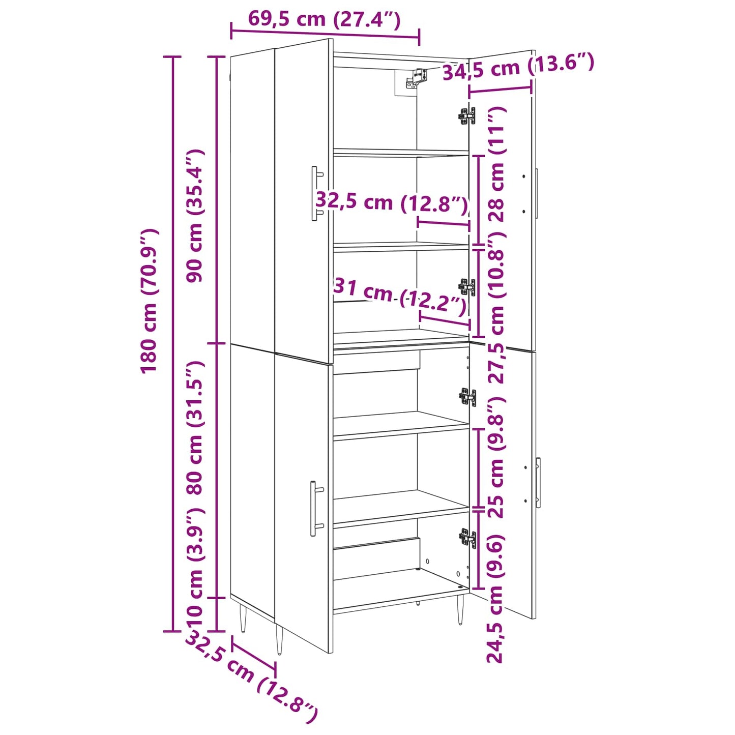 vidaXL Highboard Wandmontiert Altholz 69,5 x 34 x 180 cm Holzwerkstoff