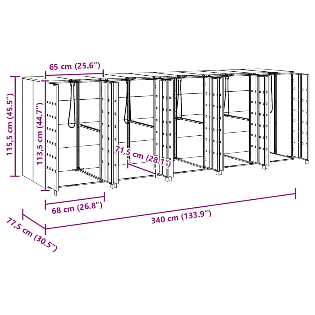 Wagenmüllbehälter für 5 Behälter Silber 340 x 77,5 x 115,5 cm