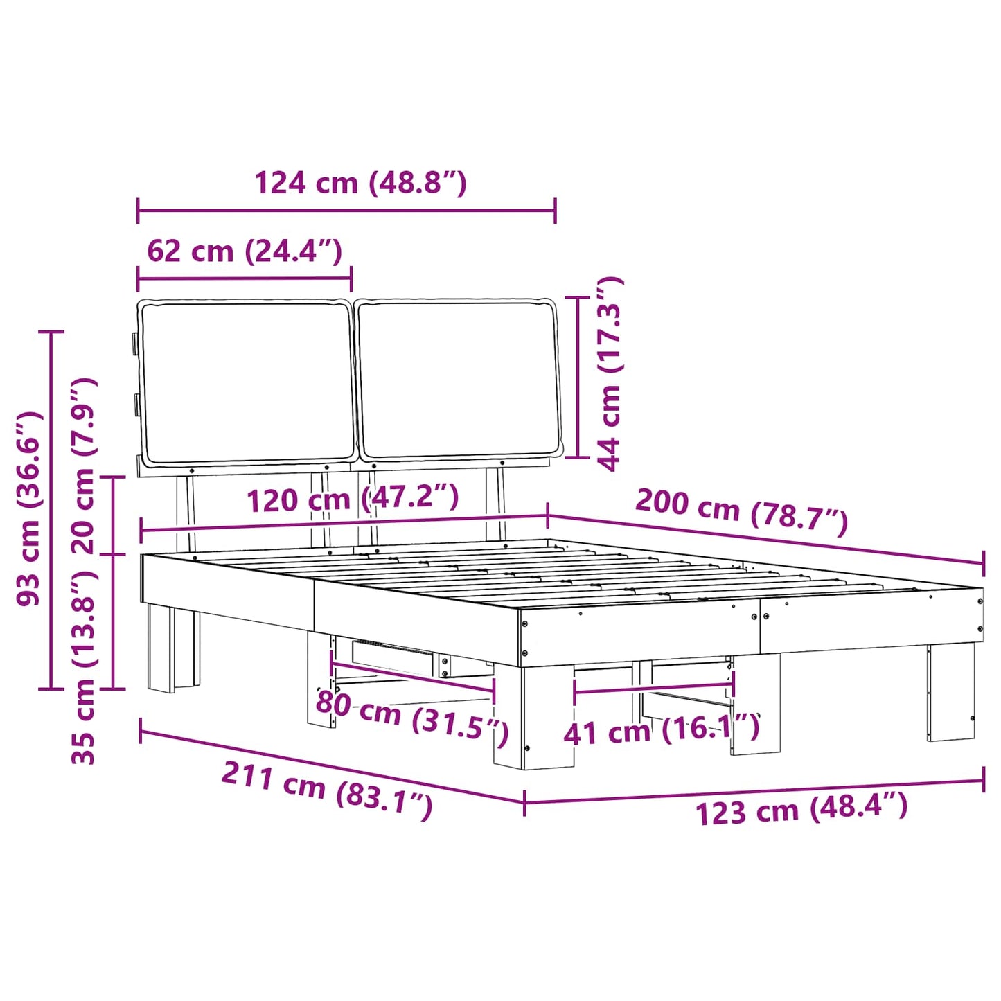 Bettgestell mit gepolstertem Kopfteil Schwarz 120 x 200 cm