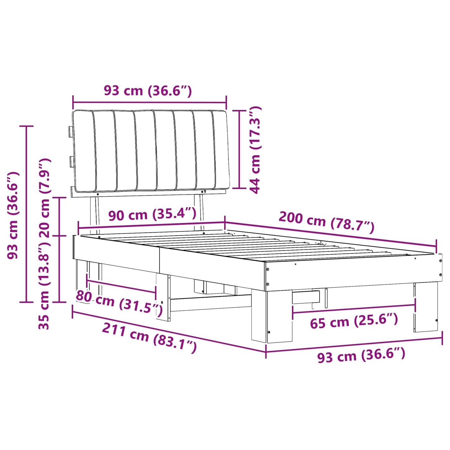 vidaXL Bettgestell mit gepolstertem Kopfteil Hellgrau 90 x 200 cm