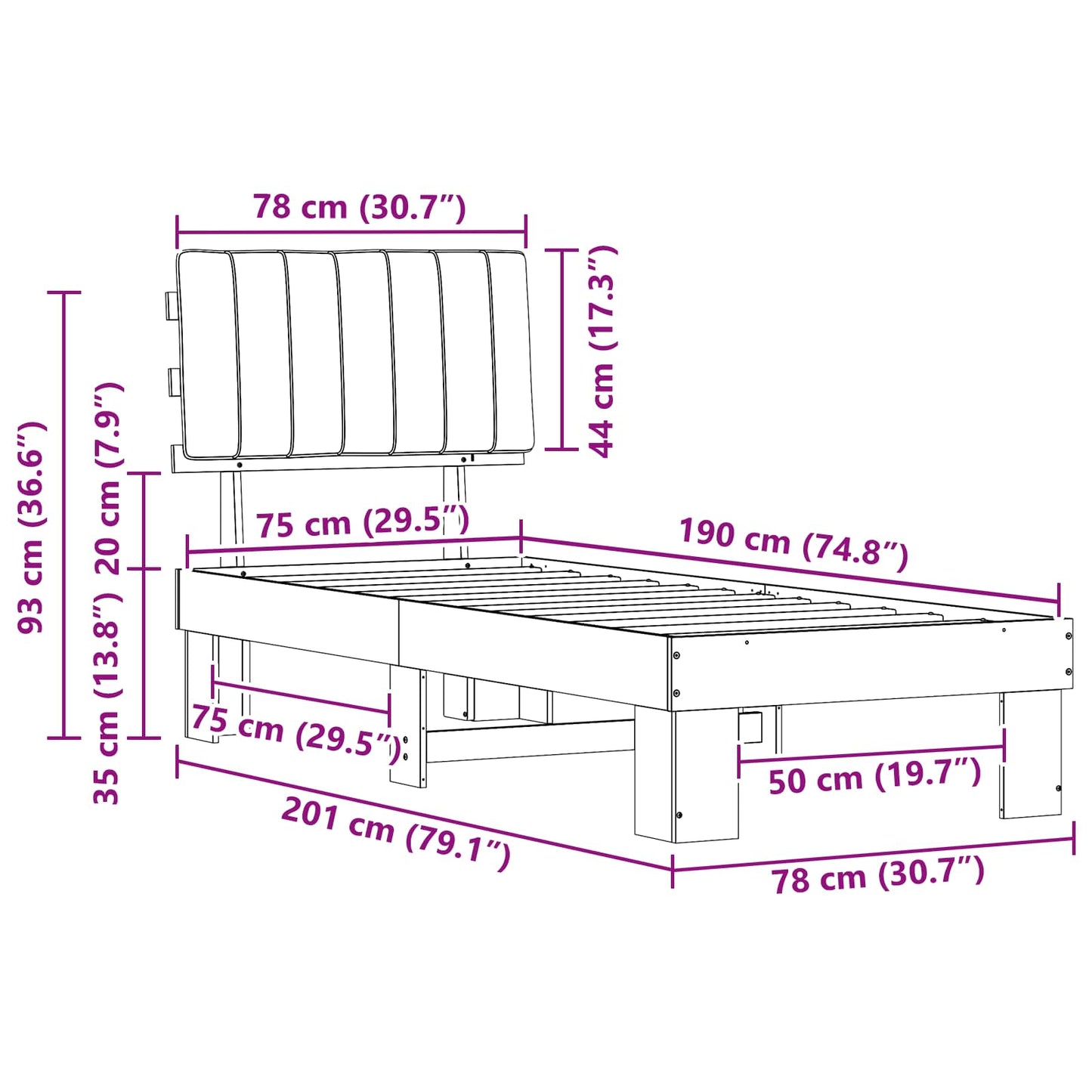 vidaXL Bettgestell mit gepolstertem Kopfteil Hellgrau 75 x 190 cm