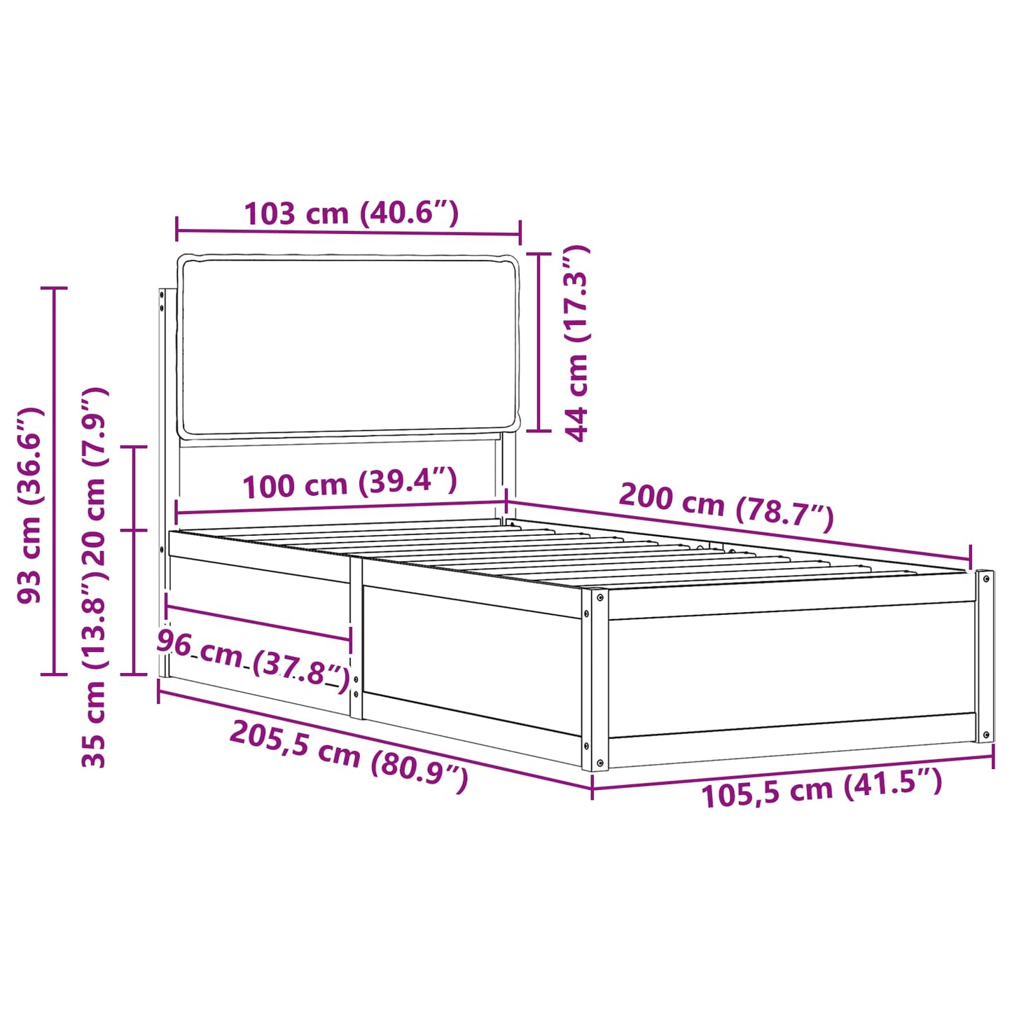 vidaXL Bettgestell mit gepolstertem Kopfteil Hellgrau 100 x 200 cm