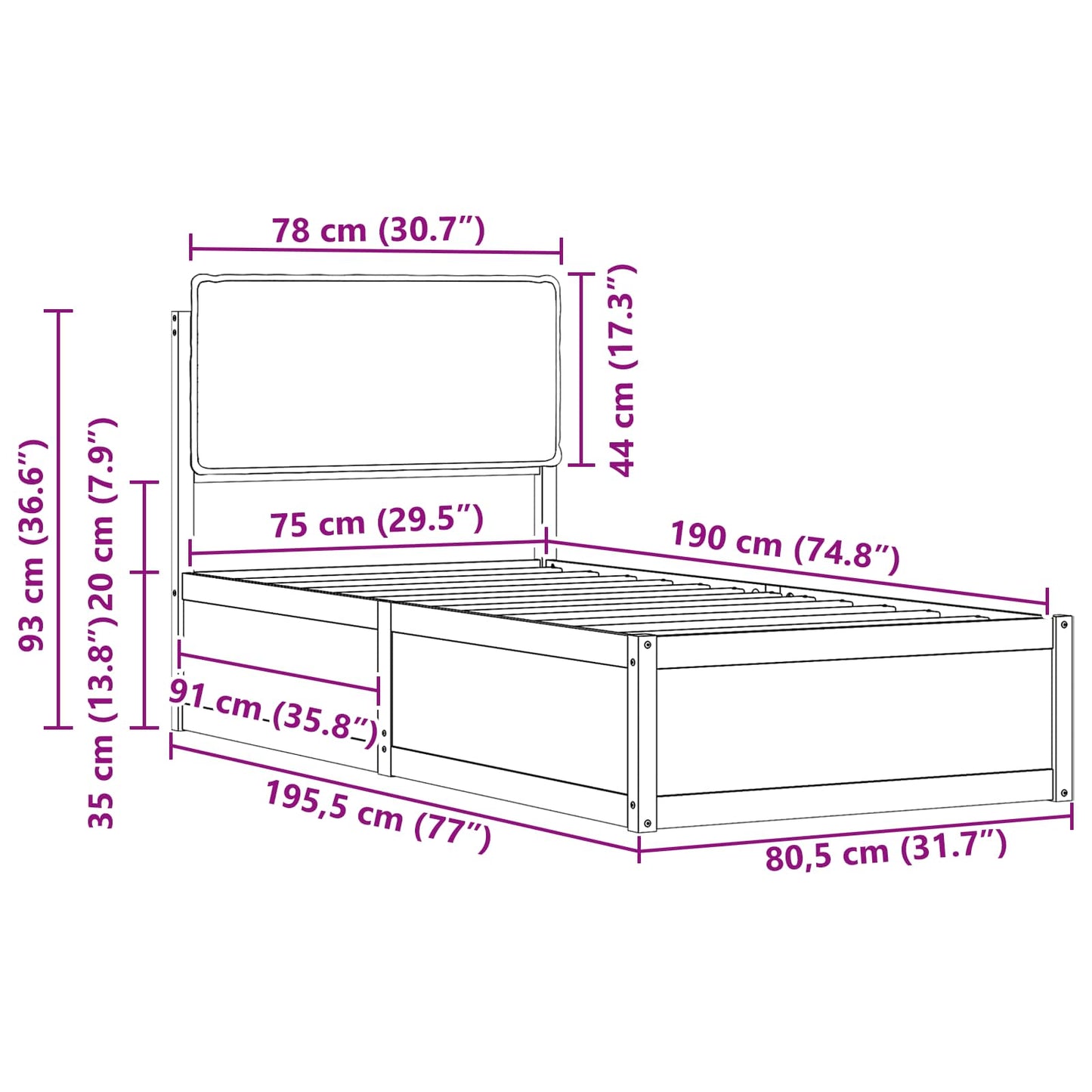 vidaXL Bettgestell mit gepolstertem Kopfteil Taupe 75 x 190 cm