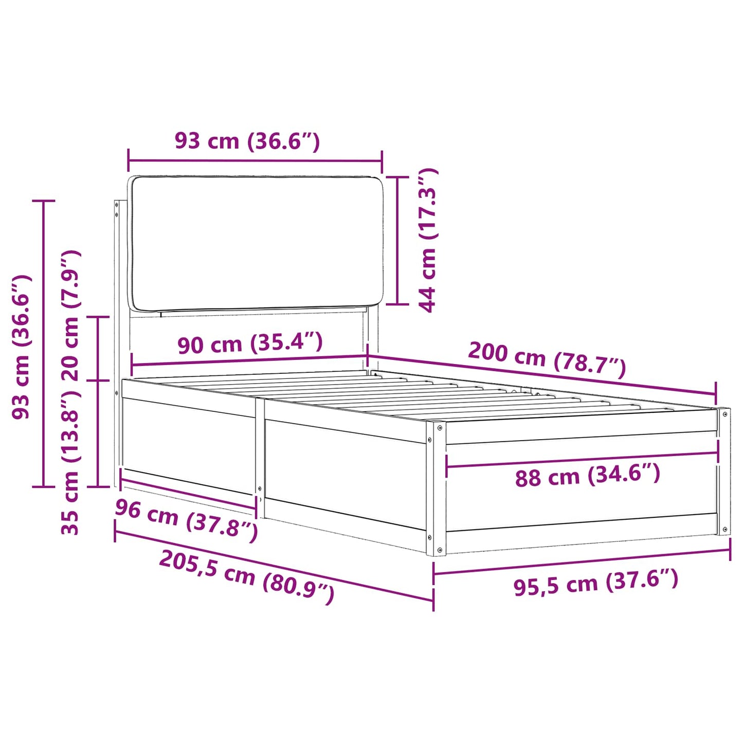 vidaXL Bettgestell mit gepolstertem Kopfteil Taupe 90 x 200 cm