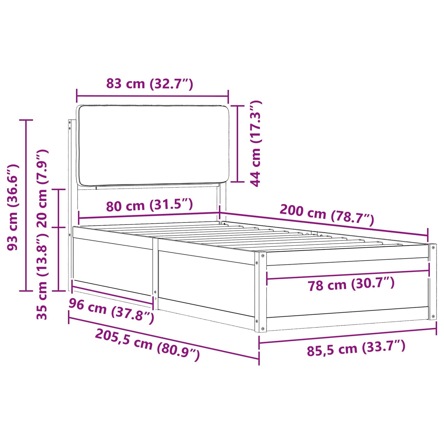 vidaXL Bettgestell mit gepolstertem Kopfteil Dunkelgrau 80 x 200 cm