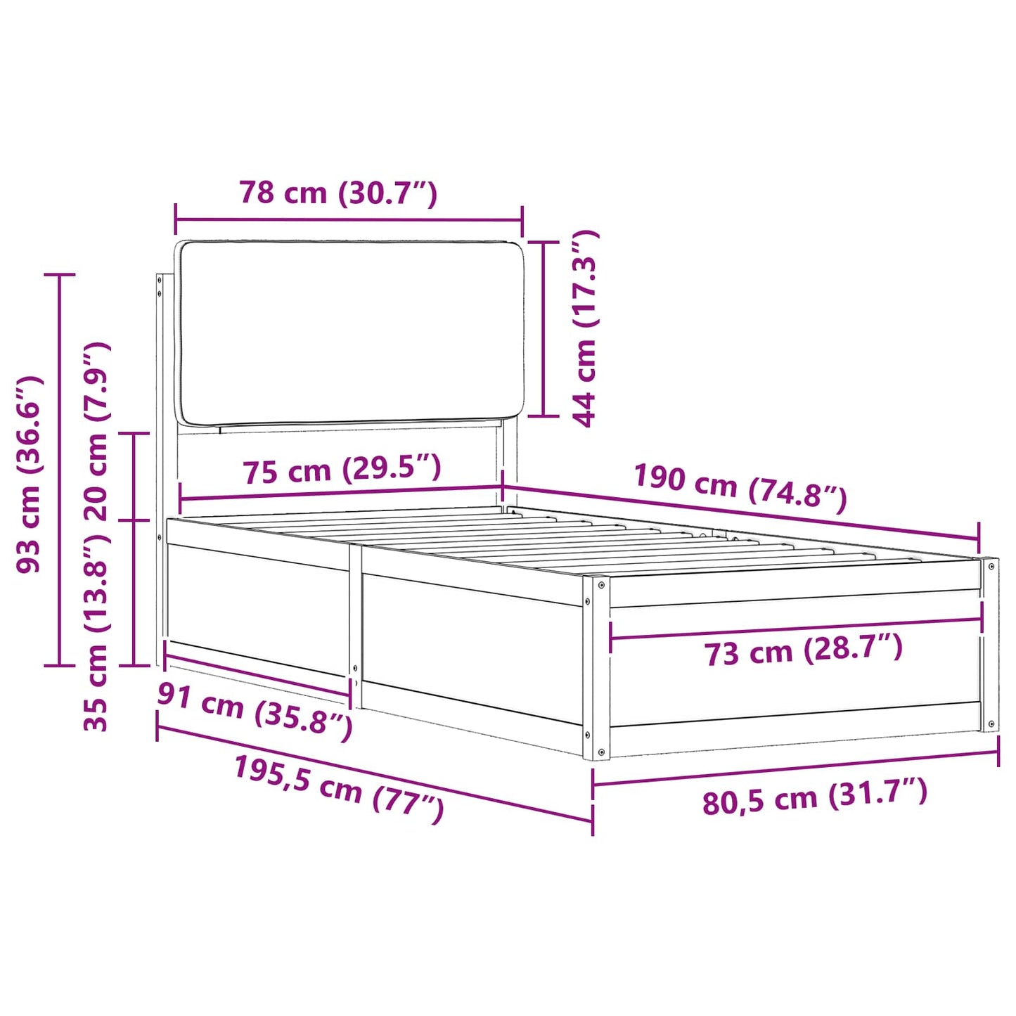 vidaXL Bettgestell mit gepolstertem Kopfteil Dunkelgrau 75 x 190 cm