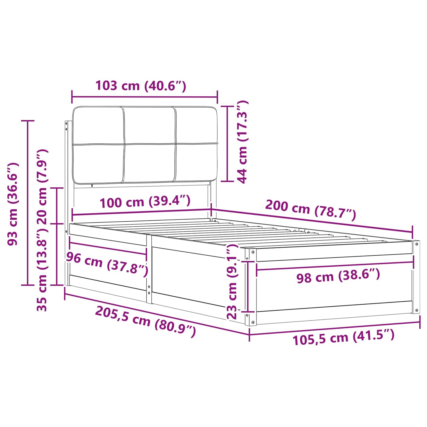 vidaXL Bettgestell mit gepolstertem Kopfteil Dunkelgrau 100 x 200 cm