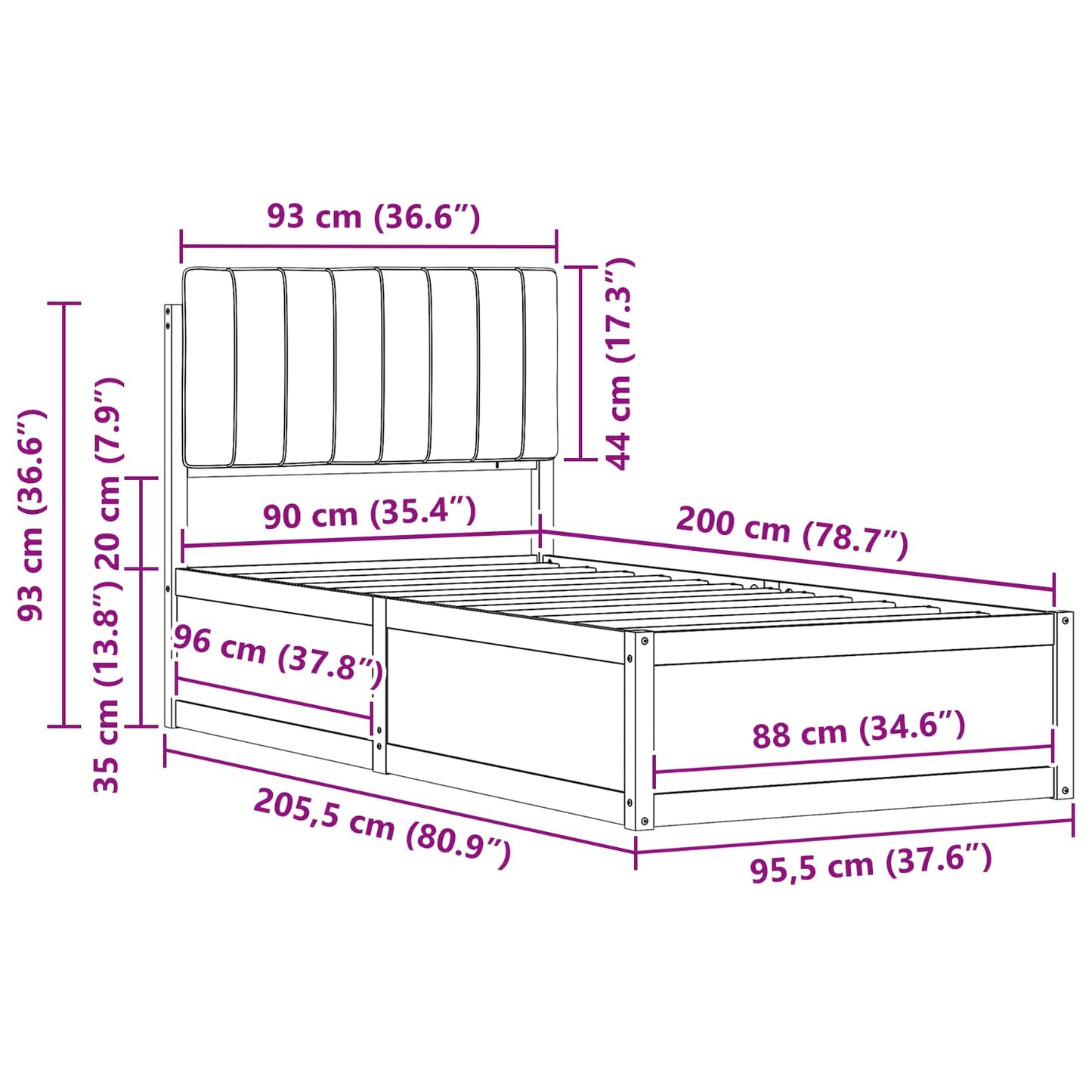 vidaXL Bettgestell mit gepolstertem Kopfteil Taupe 90 x 200 cm