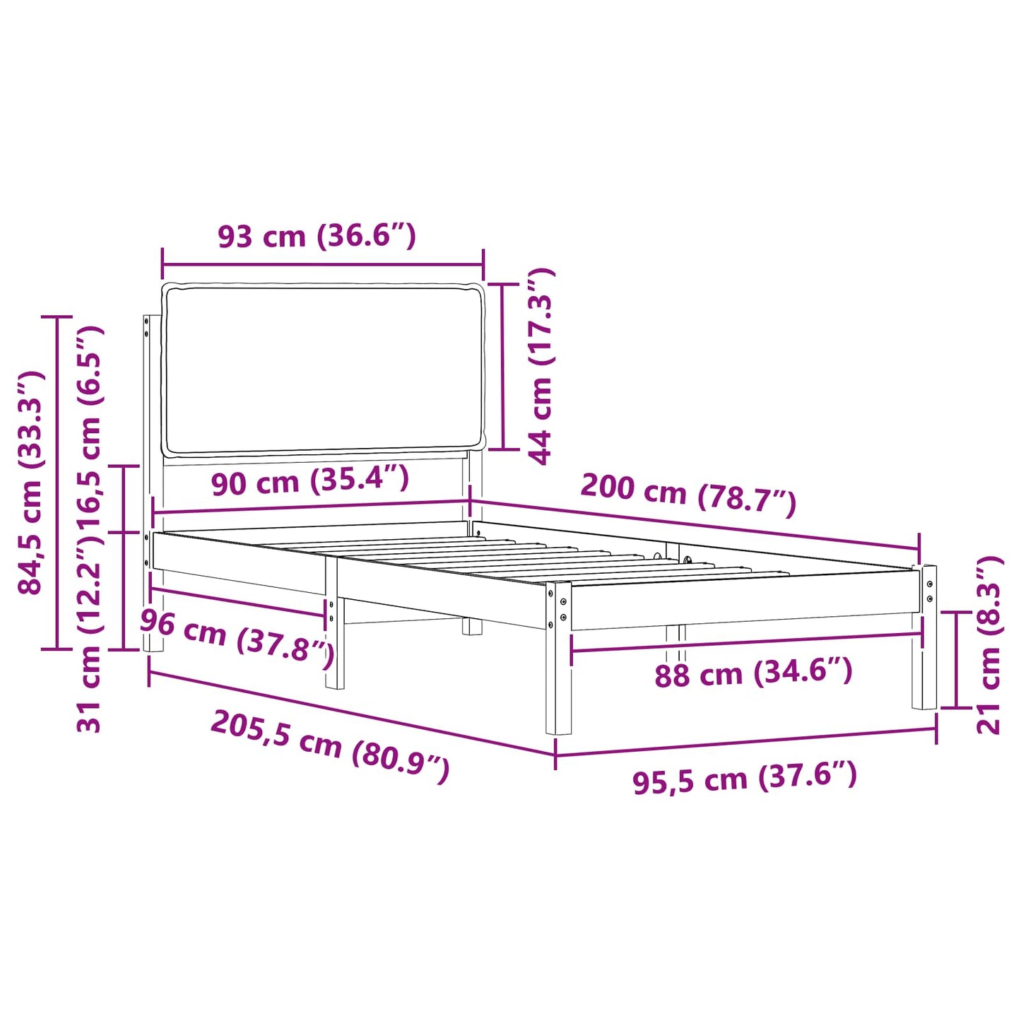 Bettgestell mit gepolstertem Kopfteil Hellgrau 90 x 200 cm