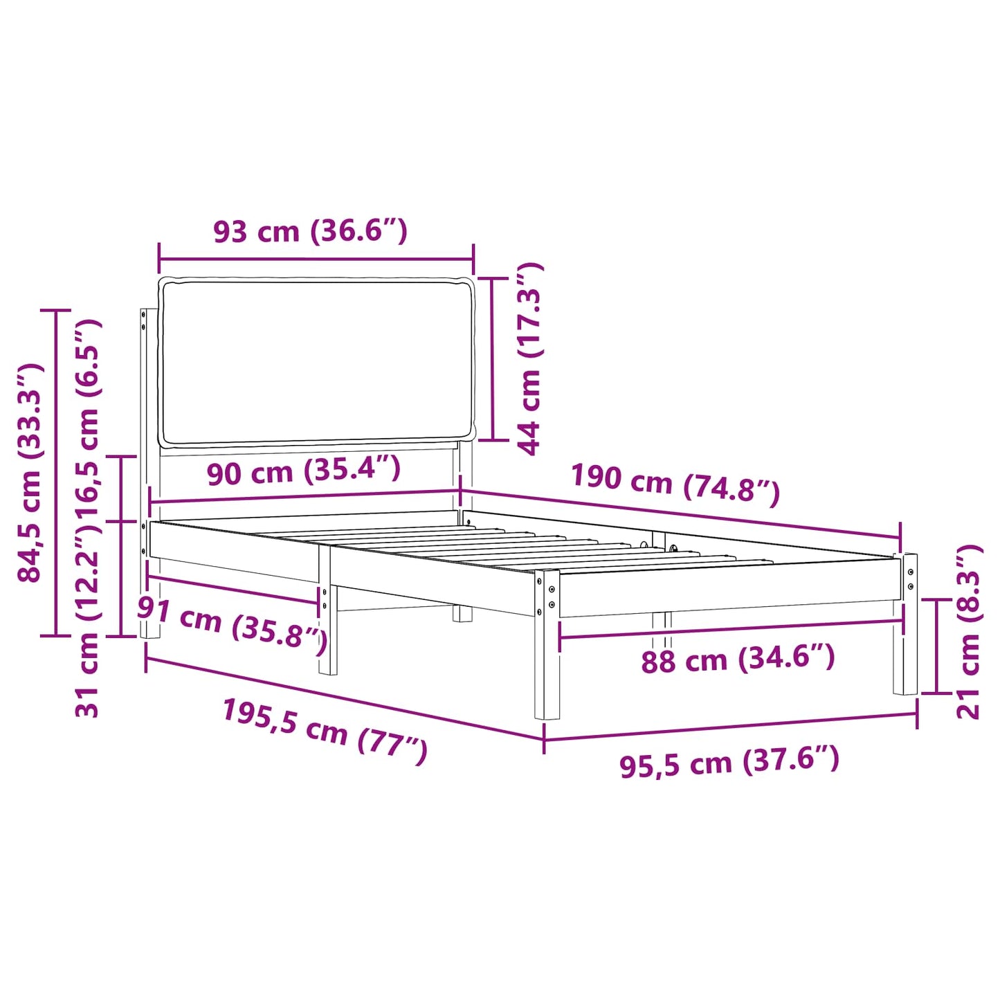 Bettgestell mit gepolstertem Kopfteil Hellgrau 90 x 190 cm
