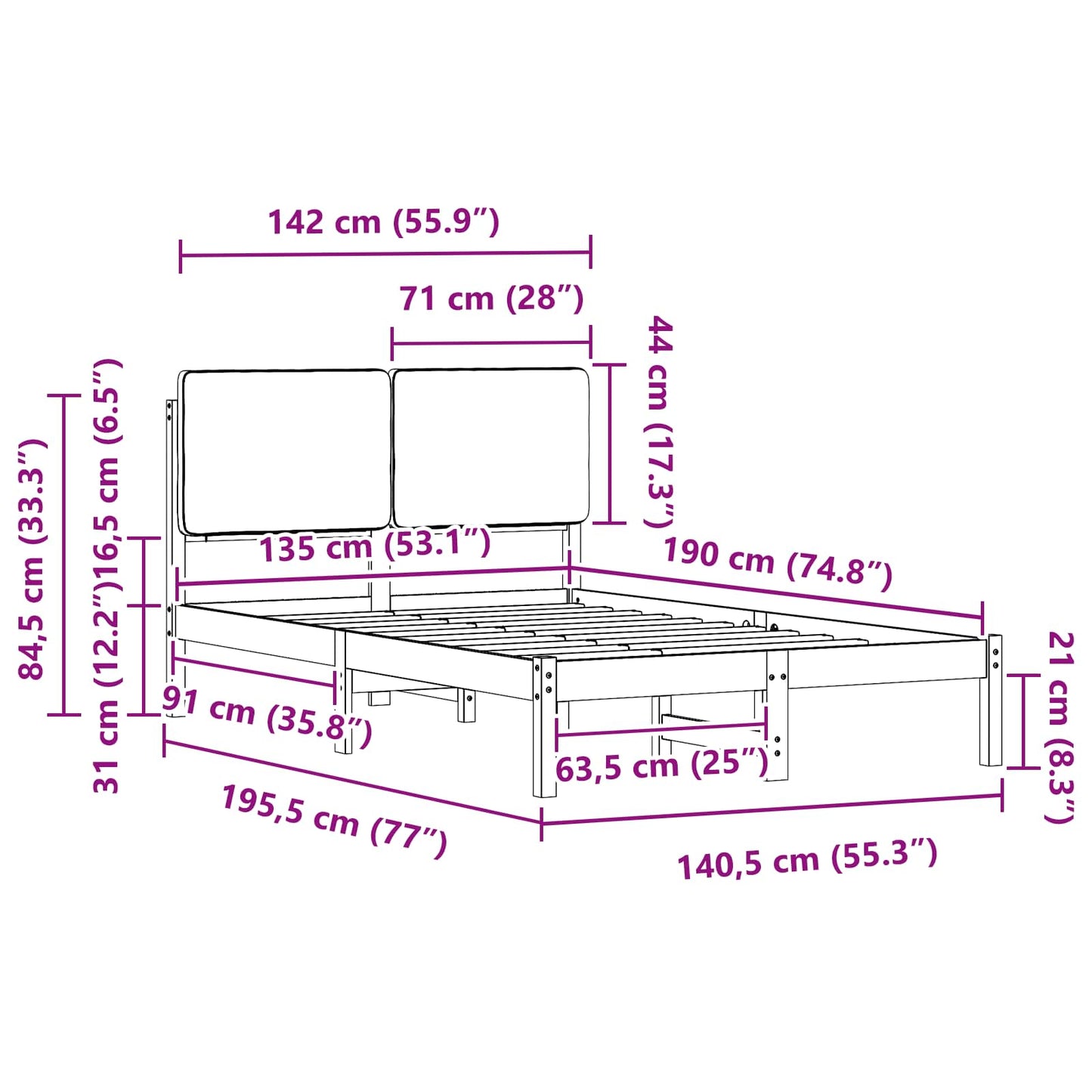 vidaXL Bettgestell mit gepolstertem Kopfteil Hellgrau 135 x 190 cm