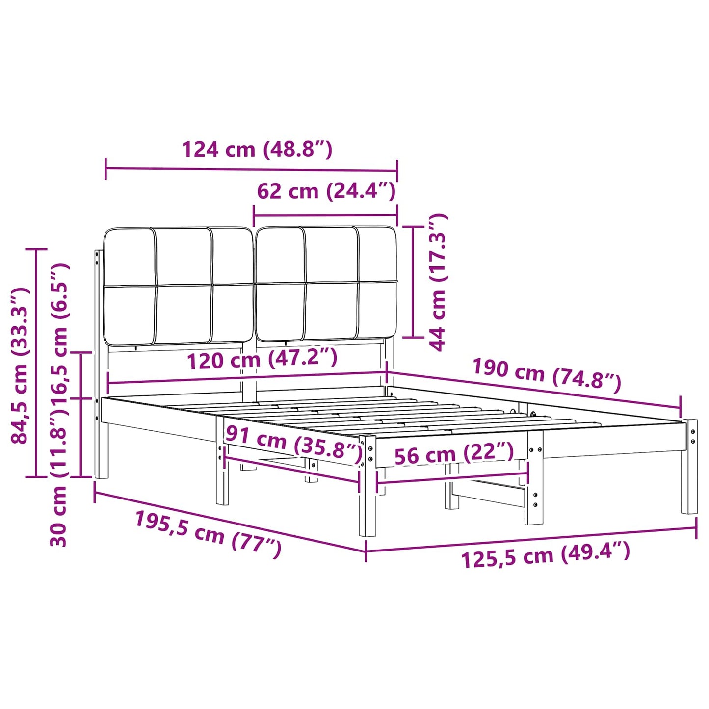 vidaXL Cadre de lit avec tête de lit rembourrée Gris clair 120 x 190 cm