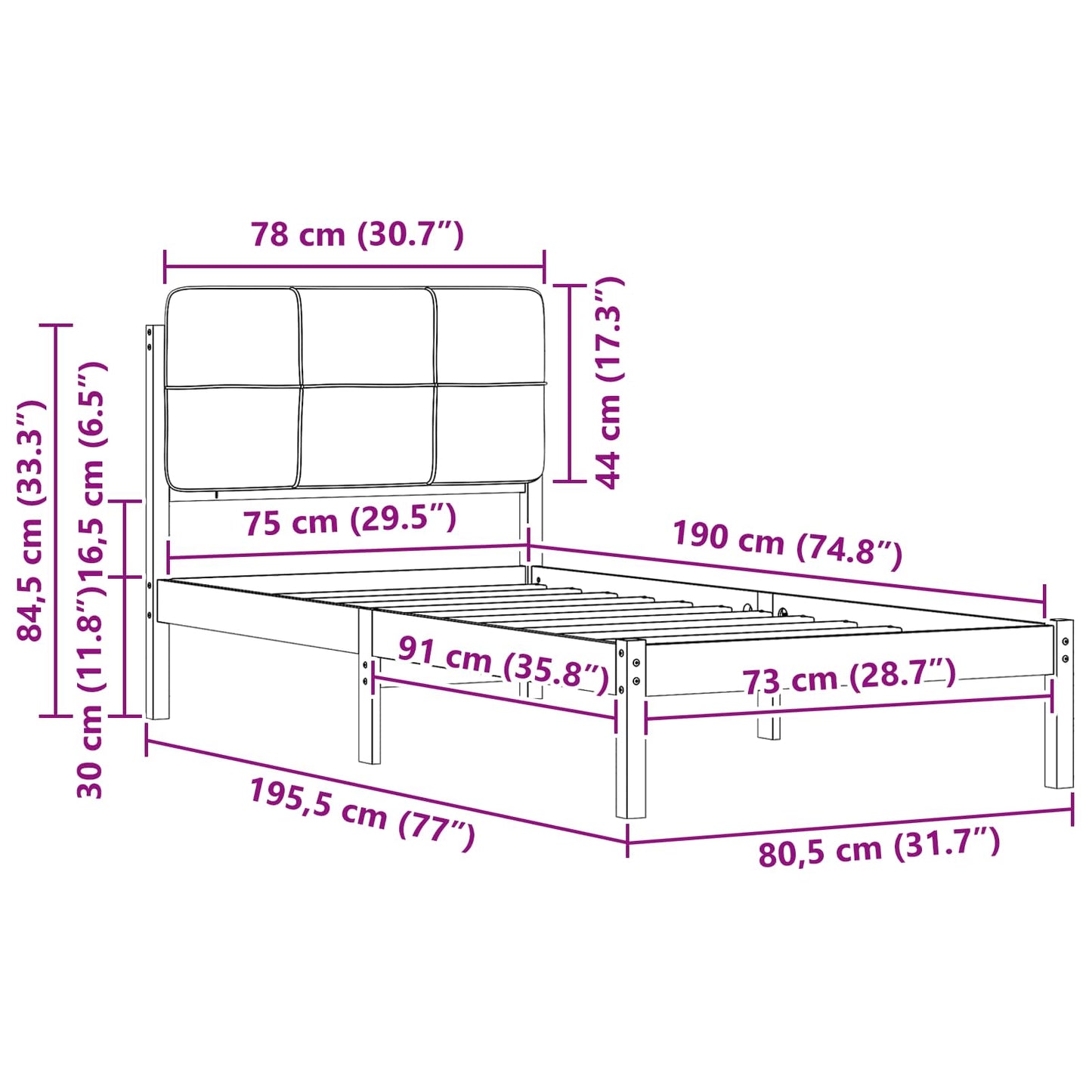 vidaXL Bettgestell mit gepolstertem Kopfteil Hellgrau 75 x 190 cm