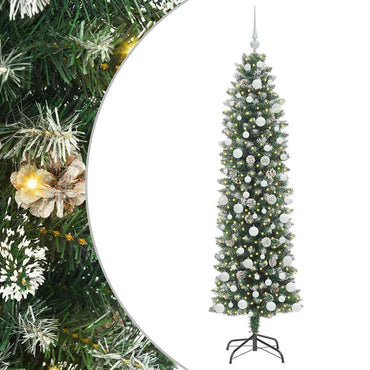 vidaXL Sapin de Noël artificiel élancé Vert et blanc 180 cm