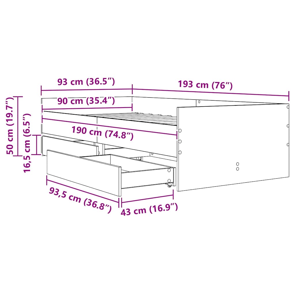 Bettrahmen mit Schubladen Schwarz Eichen-Optik 90 x 190 cm