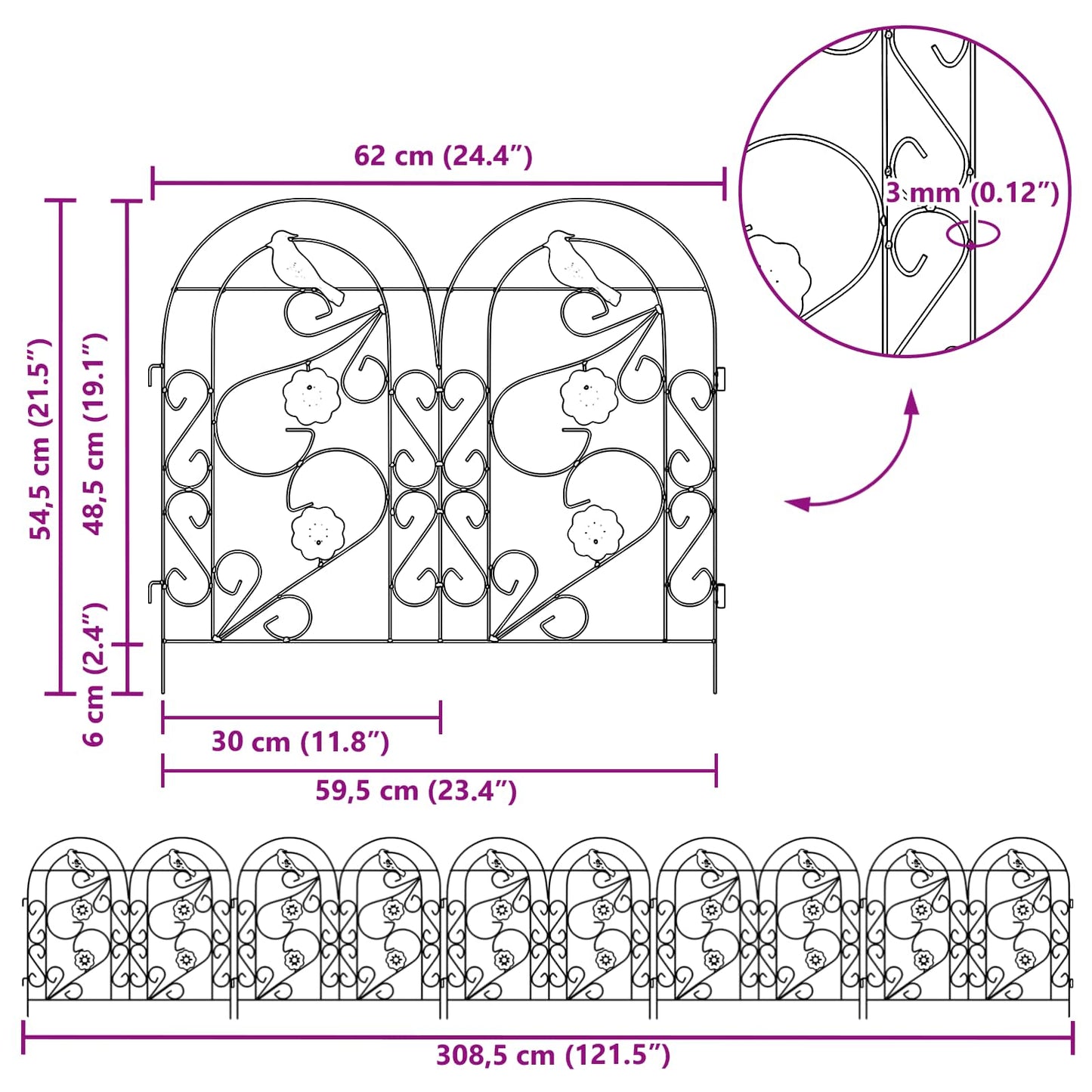 Gartenzaun Spalier Schwarz 308,5 x 54,5 x 0,3 cm