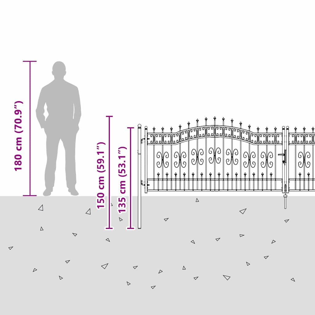 Zauntor mit Speer-Top mit Schloss Grau 404 x 100 cm Stahl