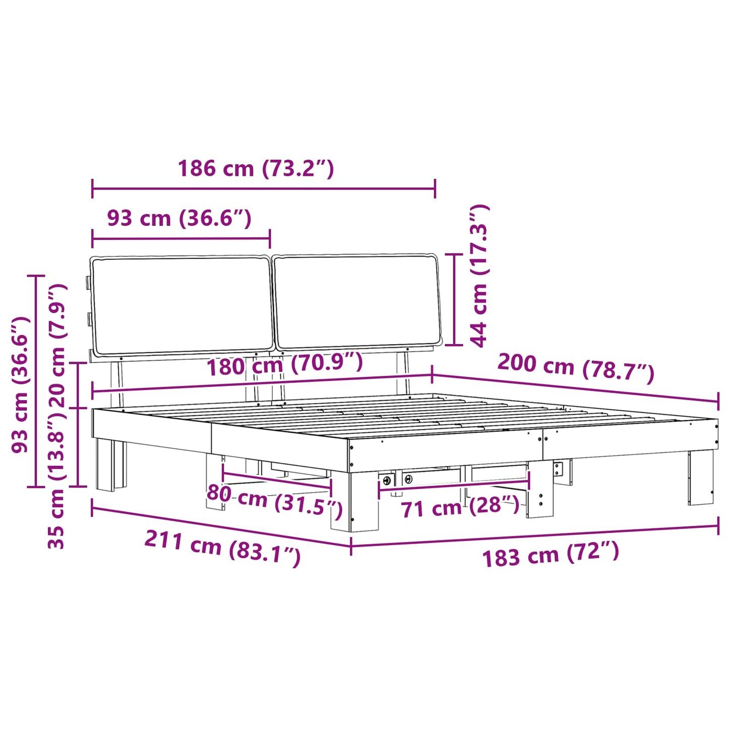 Bettgestell mit gepolstertem Kopfteil Schwarz 180 x 200 cm
