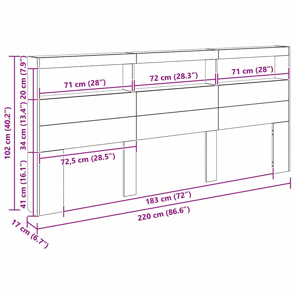 vidaXL Kopfteil mit Regal Altholz 220 x 17 x 102 cm Holzwerkstoff
