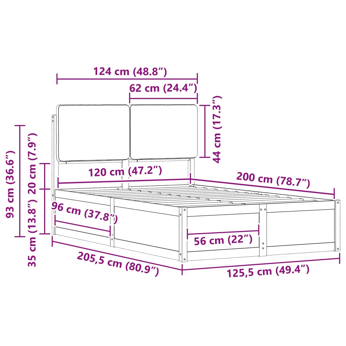 vidaXL Bettgestell mit gepolstertem Kopfteil Dunkelgrau 120 x 200 cm